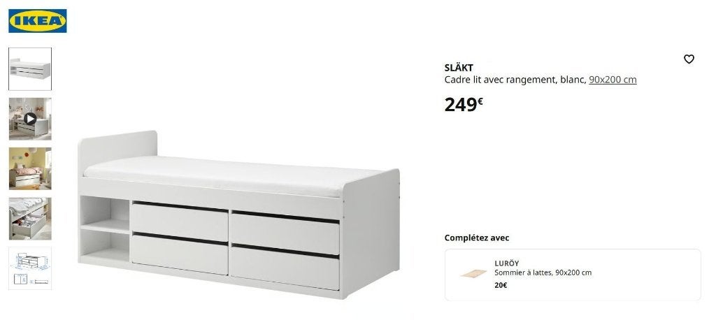 Meuble lit ikéa 4 tiroirs (occasion), 90 cm, Une personne, Enlèvement, Utilisé