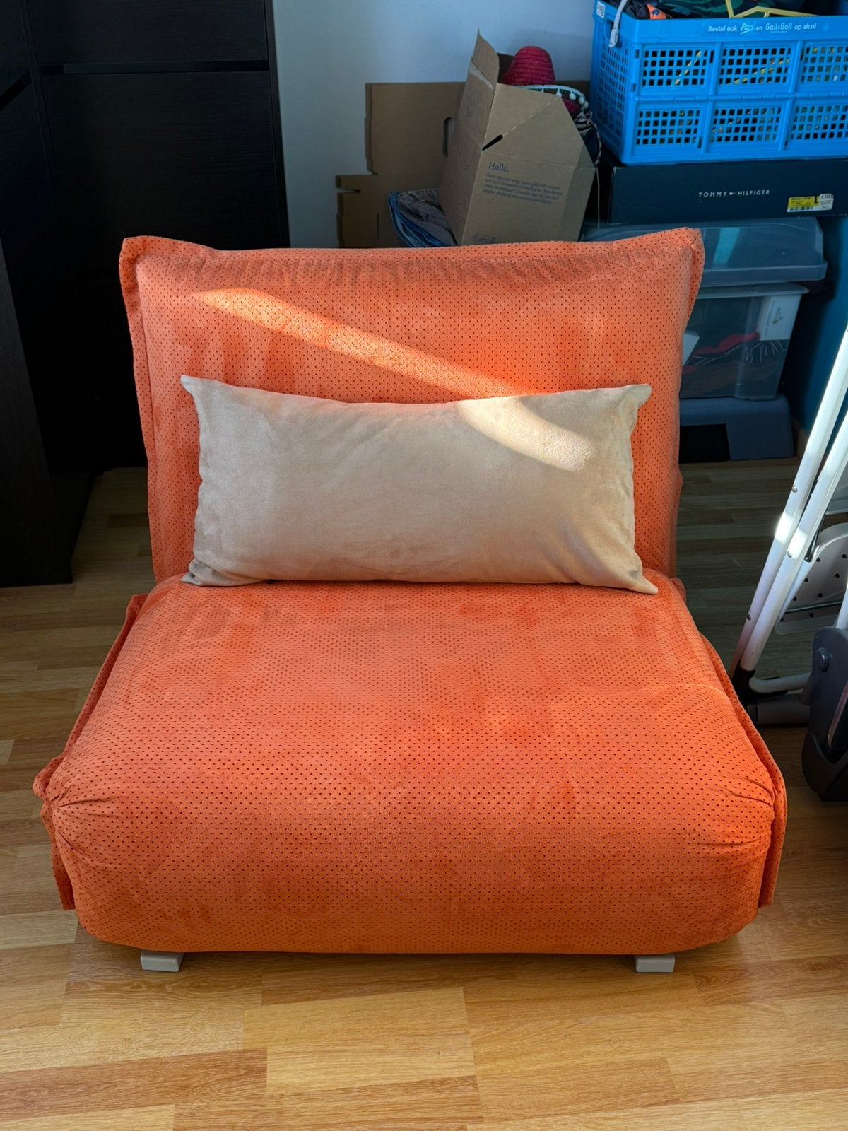 Zetelbed 1 persoon oranje + kussen, Ophalen, Gebruikt, Eenpersoons, 75 tot 100 cm
