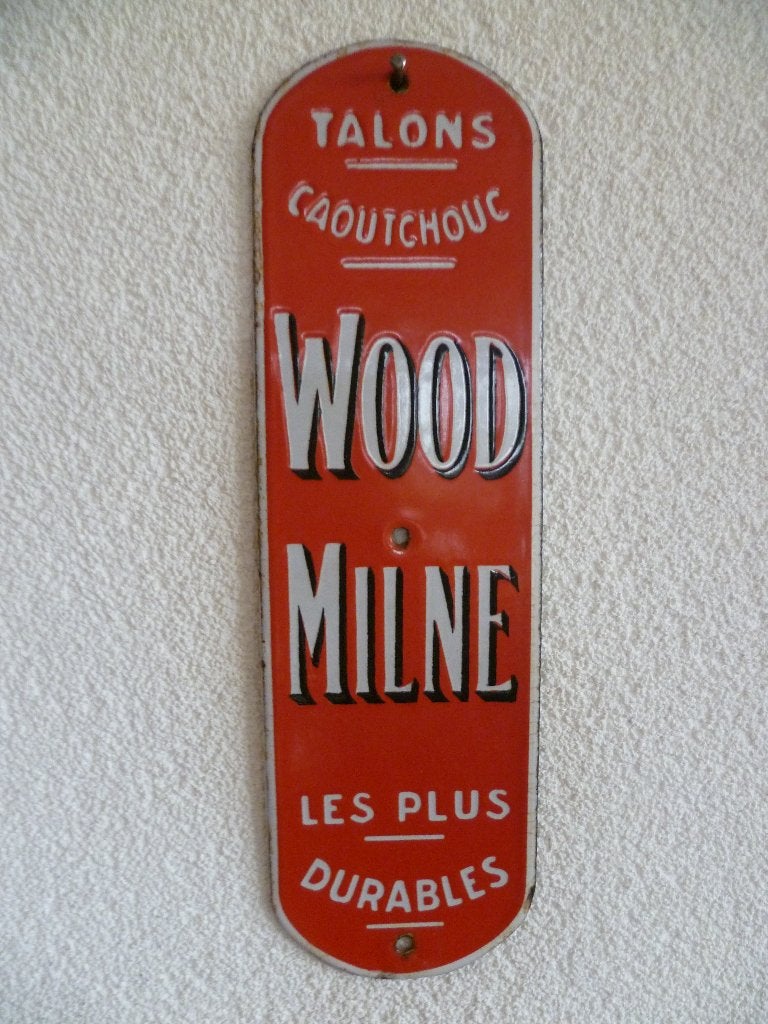 EMAILLE DEURPOST BORDJE"WOOD MILNE"UIT JAREN 30/40, Ophalen of Verzenden, Gebruikt, Reclamebord