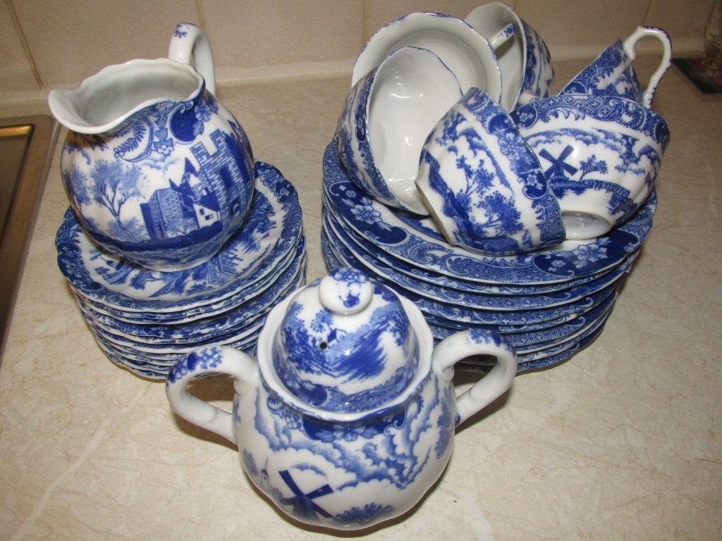 Service à café vintage en porcelaine fine bleu/blanc, Antiek en Kunst, Antiek | Servies los, Ophalen