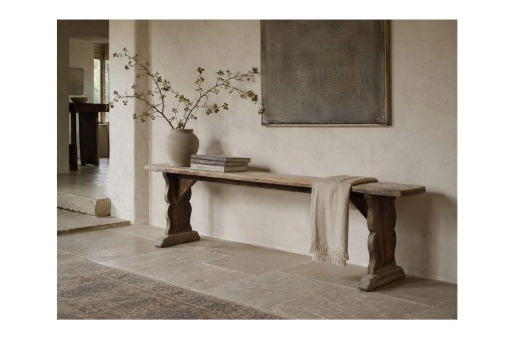 Long banc wabi-sabi français en pin patiné 219 cm, Antiquités & Art, Enlèvement