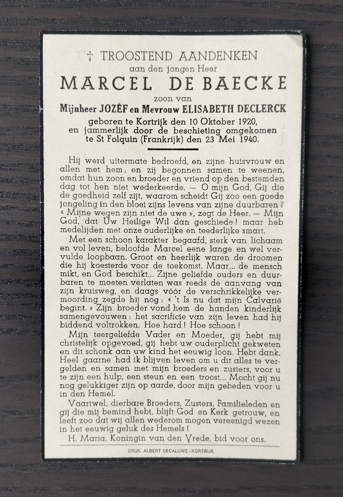 Slachtoffer WO II - Kortrijk - beschieting St. Folquin 1940, Verzamelen, Bidprentjes en Rouwkaarten, Verzenden, Bidprentje