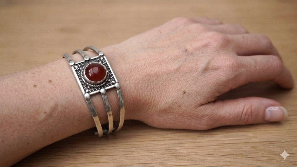 Vintage Boheemse Zilveren Manchetarmband – Uniek Exemplaar, Ophalen of Verzenden, Zo goed als nieuw, Zilver, Zilver
