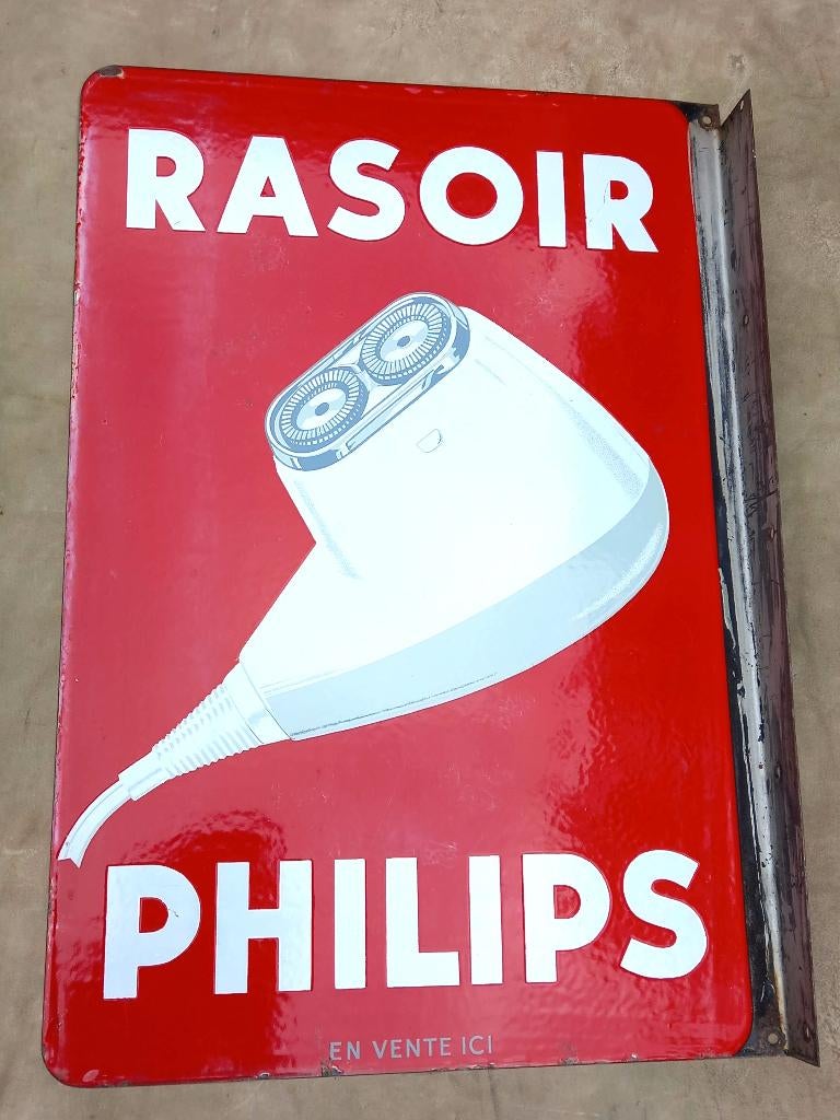 panneau publicitaire émaillé double face Rasoir PHILIPS, Enlèvement ou Envoi, Comme neuf, Panneau publicitaire