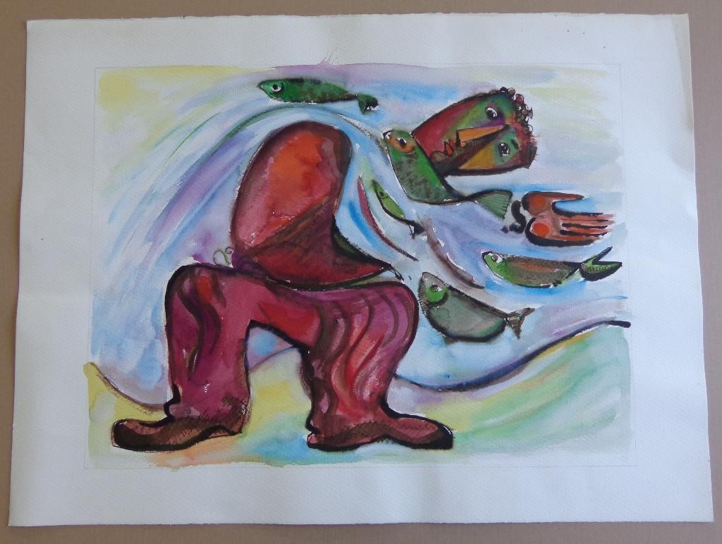 JOEL KASS / VISSERSFIGUUR / ORIGINEEL WERK / 56x76cm, Antiquités & Art, Art | Peinture | Moderne, Enlèvement ou Envoi, Signé, Aquarelle