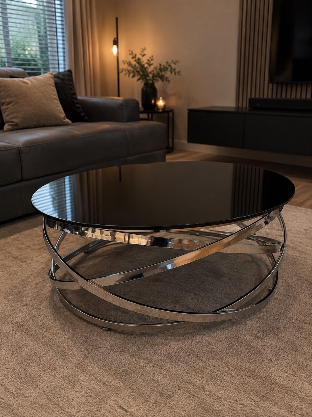 Moderne ronde salontafel – Zwart glas & chroom – Luxe design, Ophalen, Zo goed als nieuw, Rond, Glas