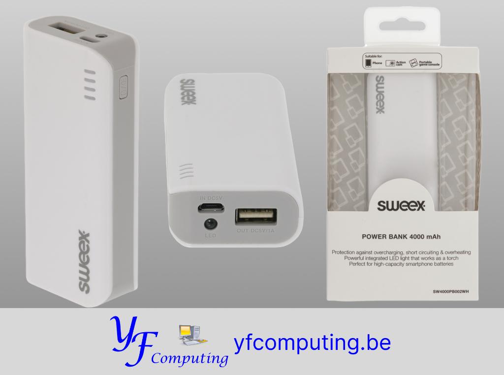 Power Bank Sweex 4000 mAh USB – Blanc, Télécoms, Batteries externes, Neuf, Enlèvement ou Envoi