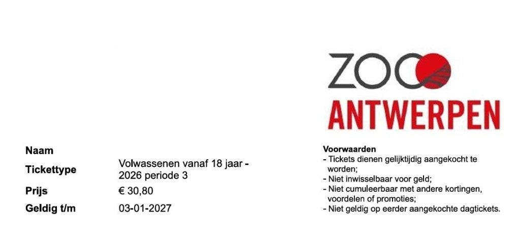 Ticket Antwerpen Zoo geldig tot 03-01-27, Eén persoon, Ticket of Toegangskaart