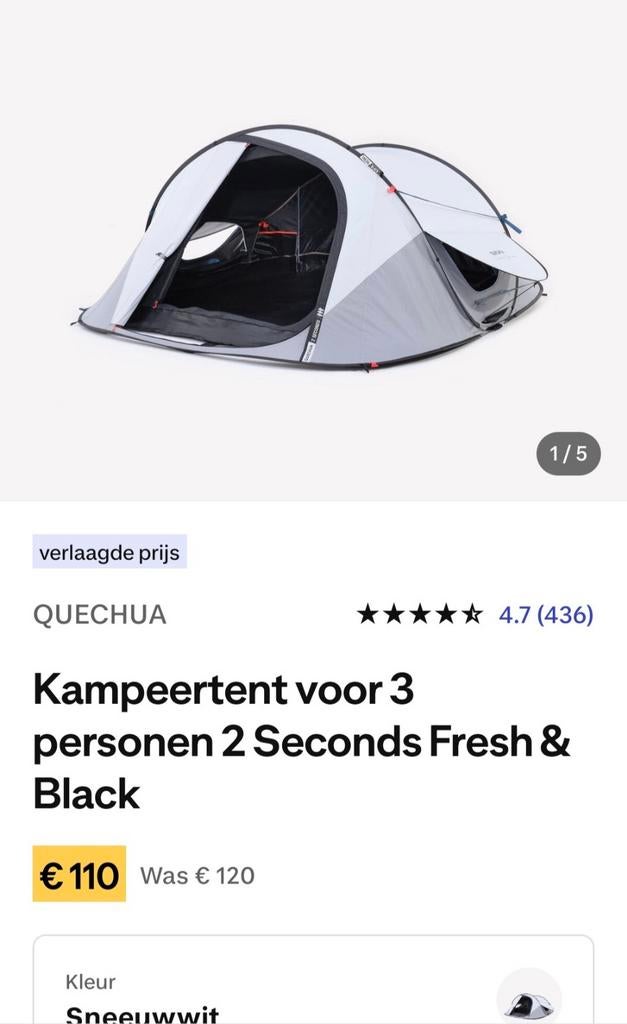 Kampeertent 3 personen pop up fresh&black Quechua, Ophalen