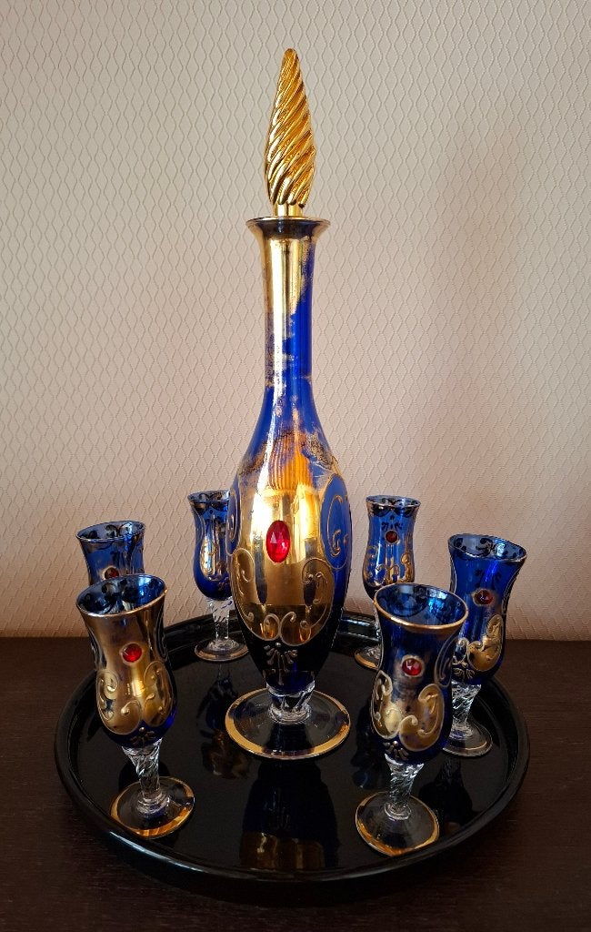vintage kobaltblauwe glaasjes en karaf, Antiek en Kunst, Ophalen