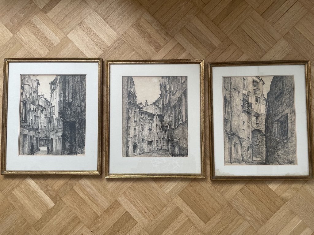 VERSLUYS HENRI (1895-1987) -  RARE LOT TRIPTYQUE, Enlèvement ou Envoi, Dessin, Réaliste, Paysage urbain / rural