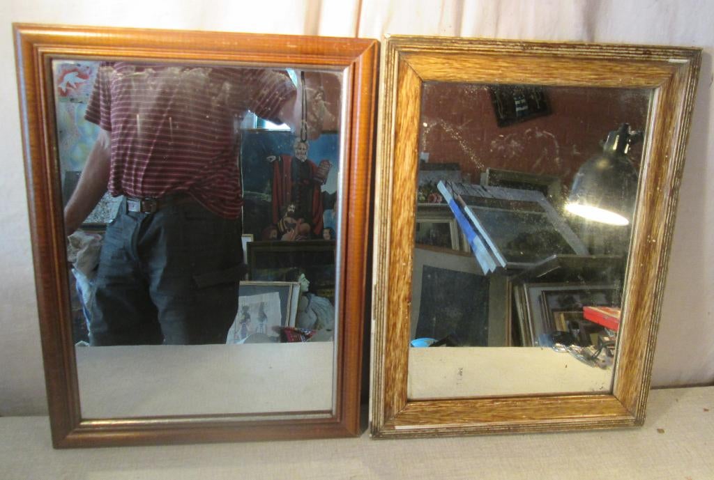 2 Oude Houten Spiegels - 43x33, Antiek en Kunst, Ophalen of Verzenden, Rechthoekig