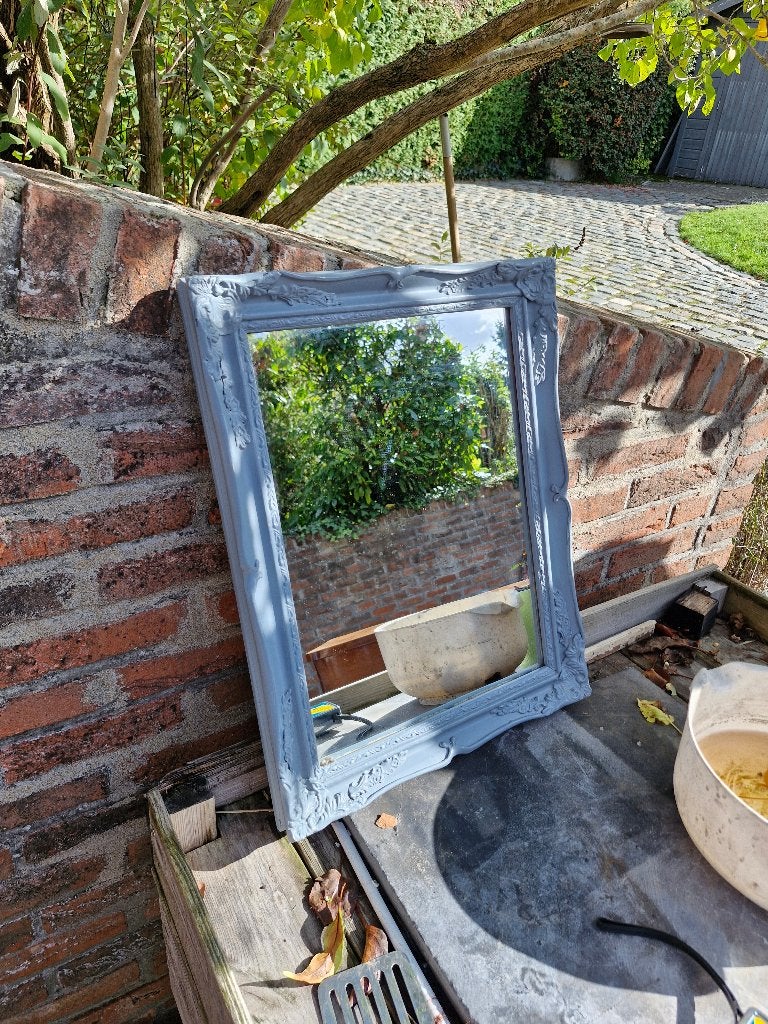 Rechthoekige grijs geverfde houten spiegel, Huis en Inrichting, Ophalen, Minder dan 50 cm, Gebruikt, Minder dan 100 cm