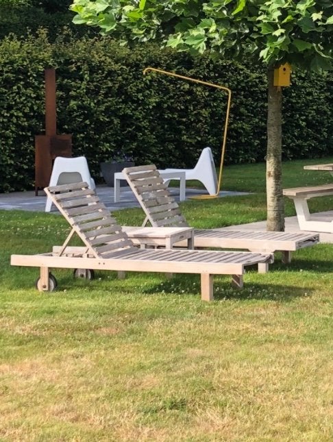 Teak ligzetels met bijhorende kussens, Ophalen, Gebruikt, Hout, Verstelbaar