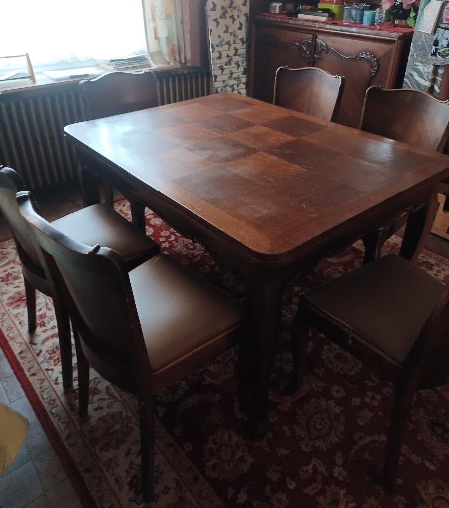 Antieke eetkamerkast en tafel met 6 stoelen, Antiek en Kunst, Antiek | Meubels | Tafels, Ophalen