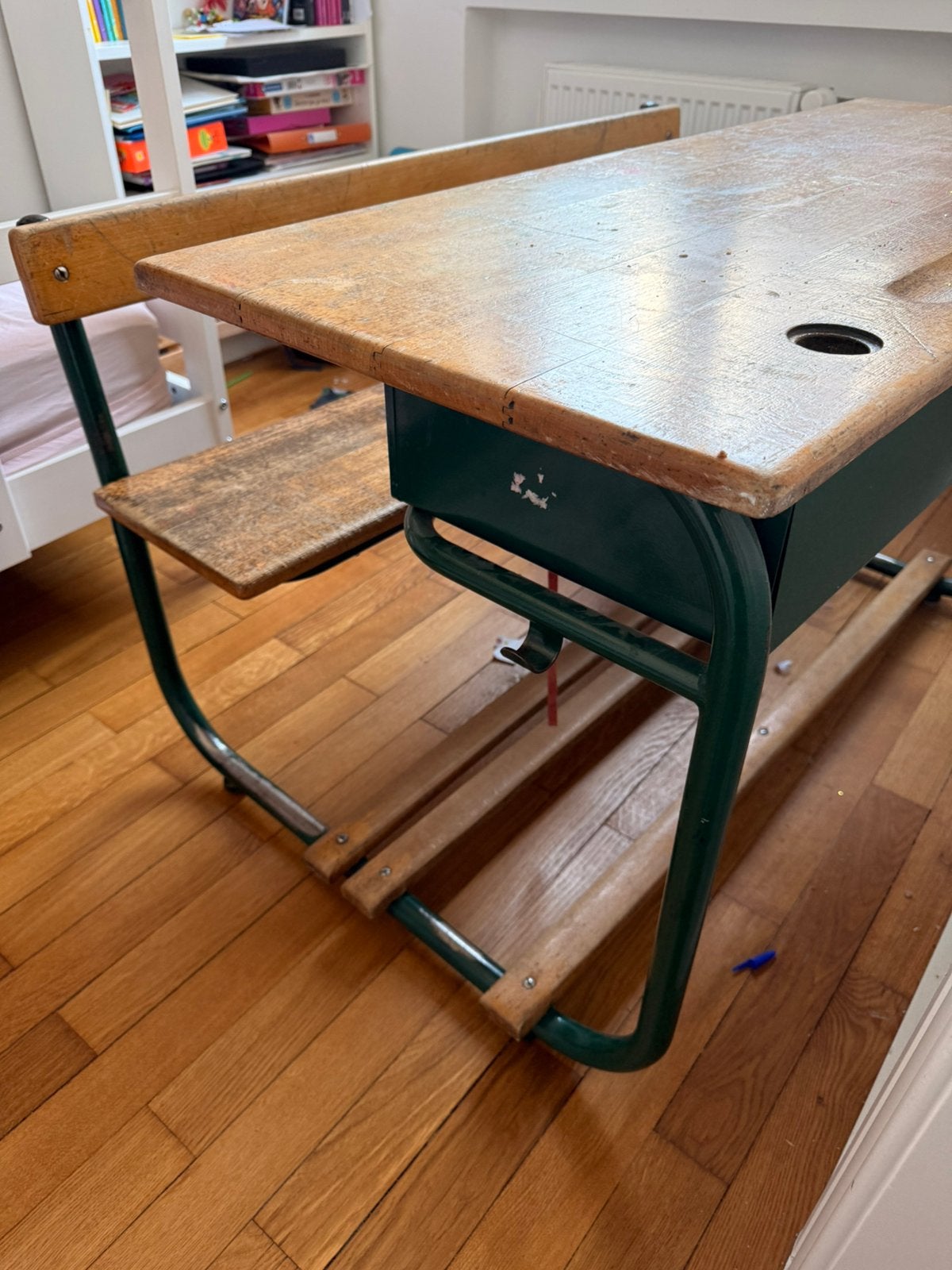Bureau d’écolier double vintage, années 1950-1960, 120 cm, Vintage, Enlèvement, Utilisé