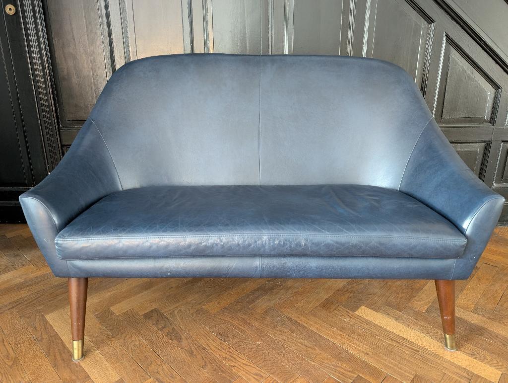 Kleine vintage bank met kompasvoeten - leer, hout en messing, Ophalen
