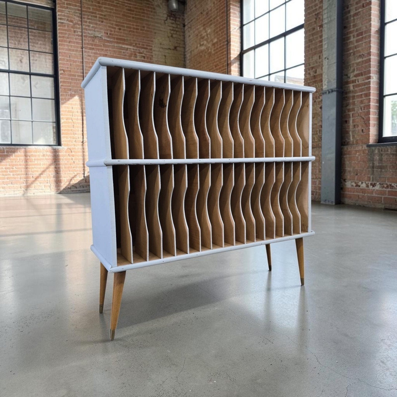 Vintage houten muntblauwe vakkenkast / vinyl opbergsysteem, Ophalen of Verzenden
