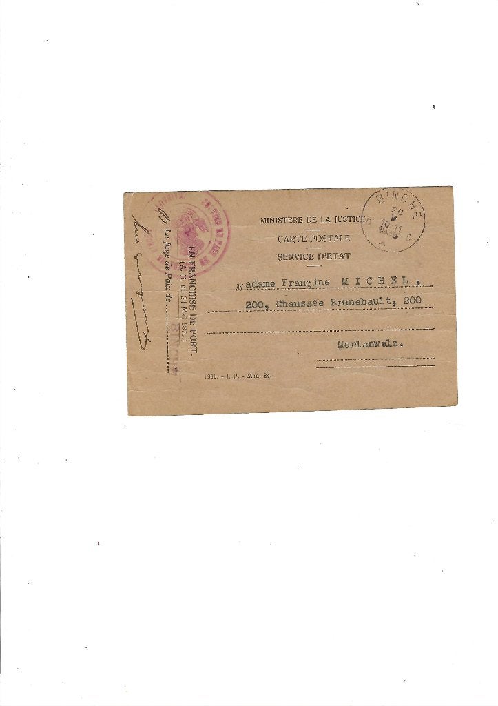 Ministère de la Justice. Juge de Paix de Binche, Collections, Collections Autre, Envoi, Utilisé