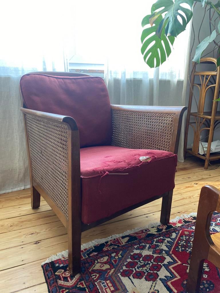 Fauteuil van hout en riet, Ophalen, Vintage, 75 tot 100 cm, 50 tot 75 cm