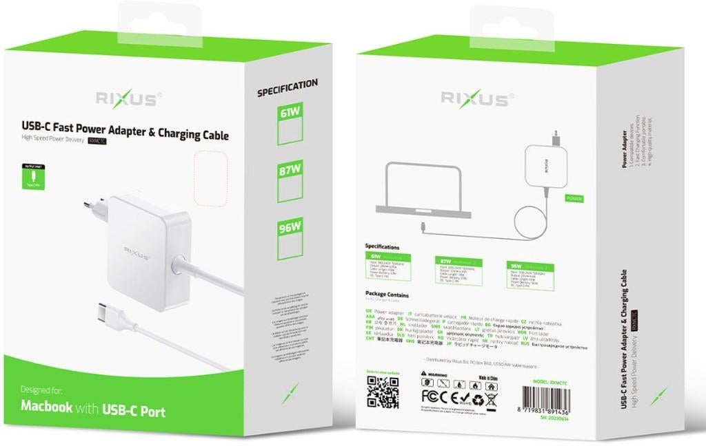 laptop Power Adapter 96W USB-C White, Computers en Software, Laptop-opladers, Ophalen, Nieuw, Rixus