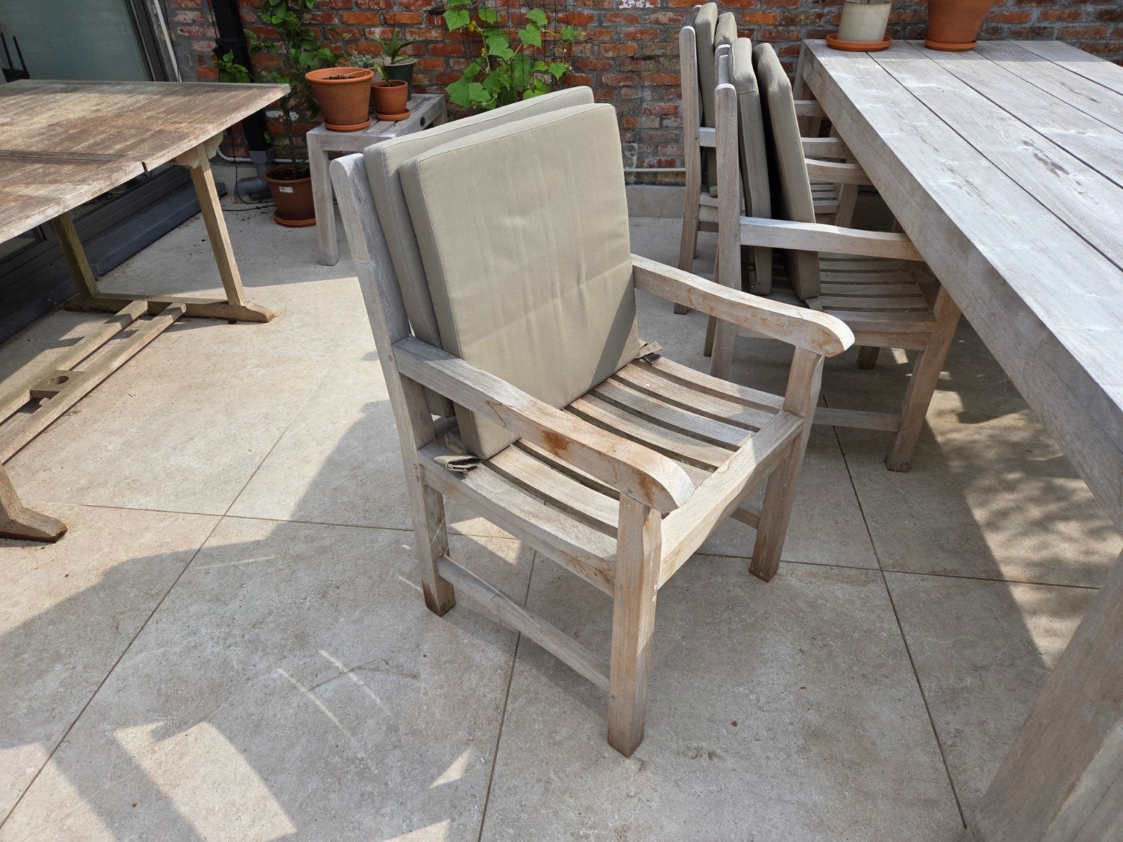 6 puurteak tuinstoelen Bergamo + buitenkussens, Tuin en Terras, Ophalen, Gebruikt, Hout