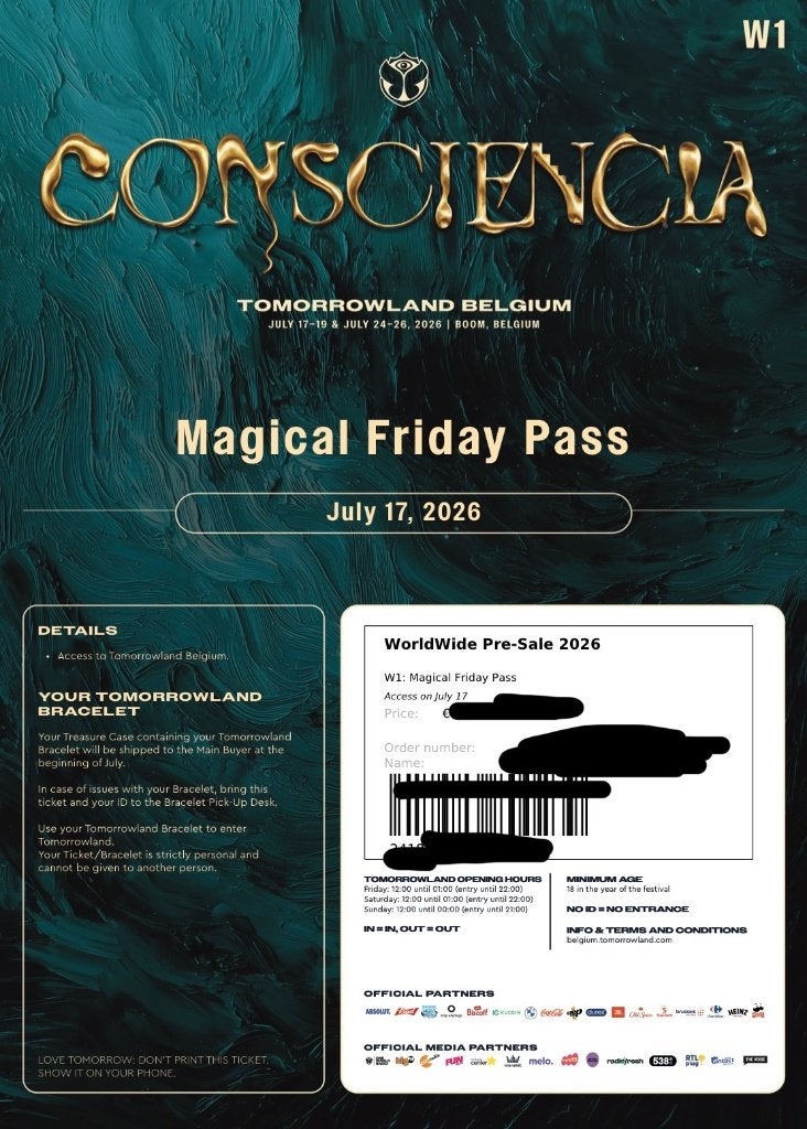 Billet Tomorrowland W1 pour le vendredi, Une personne, Juillet