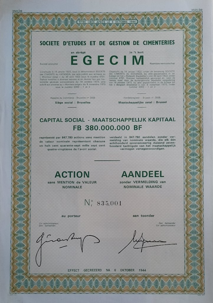 Société d'études et de gestion Cimenteries - EGECIM -  1973, Timbres & Monnaies, Enlèvement ou Envoi, 1970 à nos jours, Action