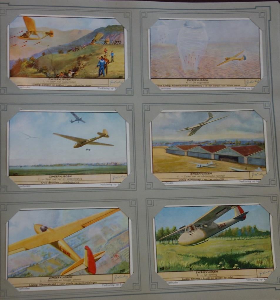 Set Liebig Prenten Zweefvliegen (1957)., Verzamelen, Ophalen of Verzenden, Zo goed als nieuw, 1940 tot 1960, Prent
