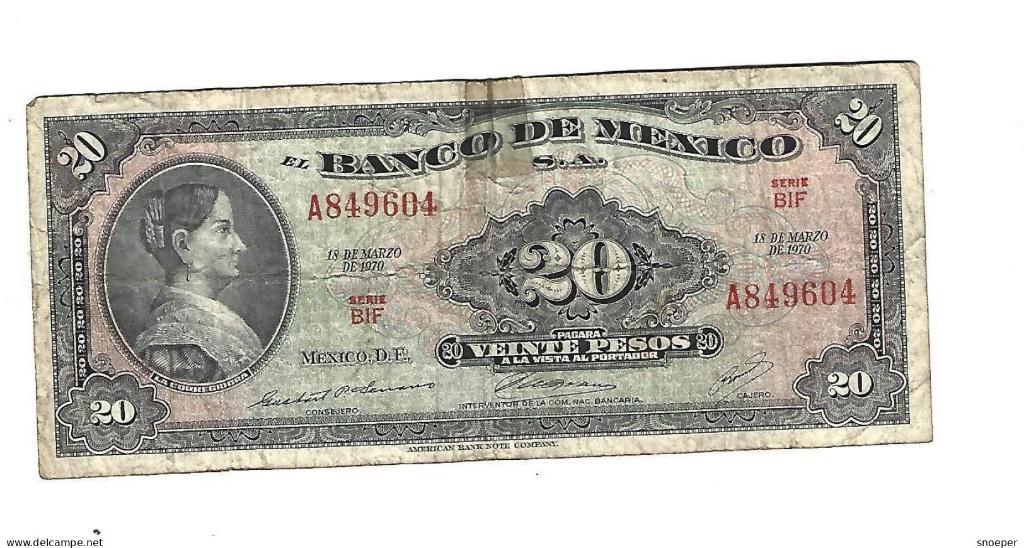 mexico 20 pesos 1970 54o vf, Timbres & Monnaies, Billets de banque | Amérique, Envoi, Amérique du Nord, Billets en vrac
