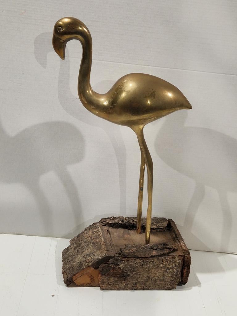 Koperen flamingo op houten sokkel , 35 cm, Antiek en Kunst, Ophalen of Verzenden, Koper