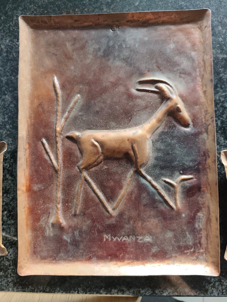 Cadre mural et 2 vide-poches artisanaux du Congo en cuivre, Antiquités & Art, Enlèvement, Cuivre