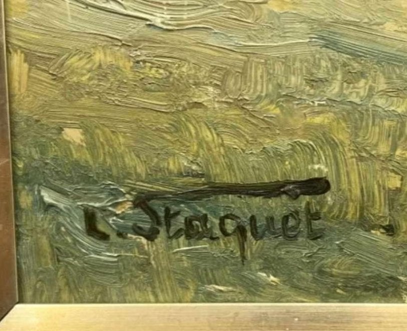 Huile sur panneau signe Lucien staquet, Antiquités & Art, Enlèvement ou Envoi, Panneau