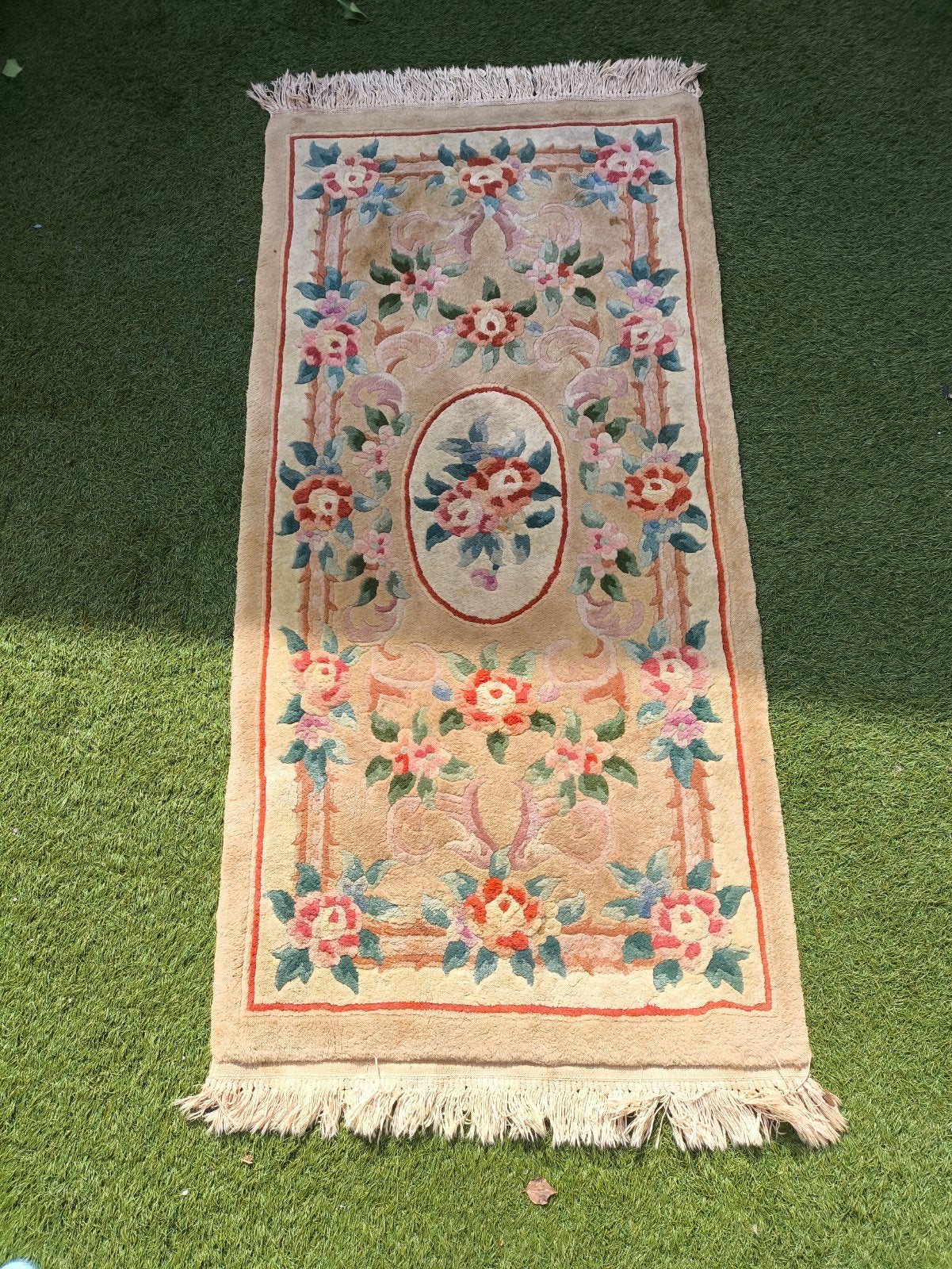 Dik Wollen Vintage Tapijt / Loper – Chinees Aubusson, Ophalen of Verzenden, Gebruikt, Crème