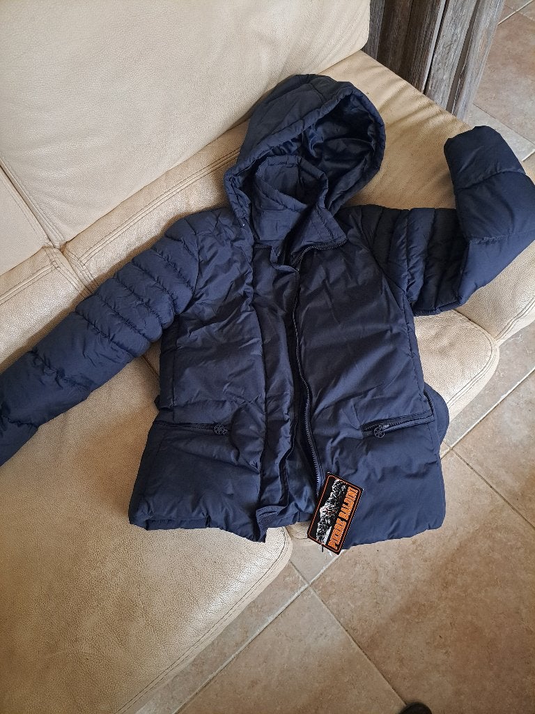 gloednieuwe donkerblauwe jas met kap Pierre Baldini 38-40, Blauw, Nieuw, Pierre Baldini, Ophalen