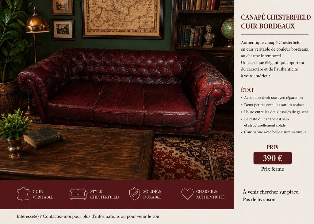 VINTAGE BORDEAUXRODE LEREN CHESTERFIELD BANK — AUTHENTIEK, Ophalen, Gebruikt, Driepersoons, Leer