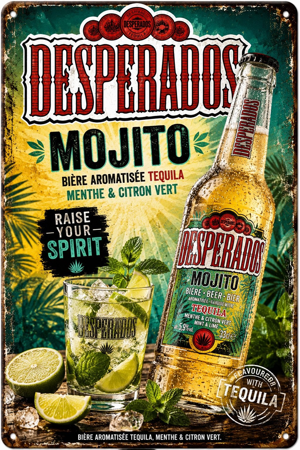 Panneau rétro en métal Mojito Desperados - mancave vintage, Collections, Marques & Objets publicitaires, Neuf, Panneau publicitaire