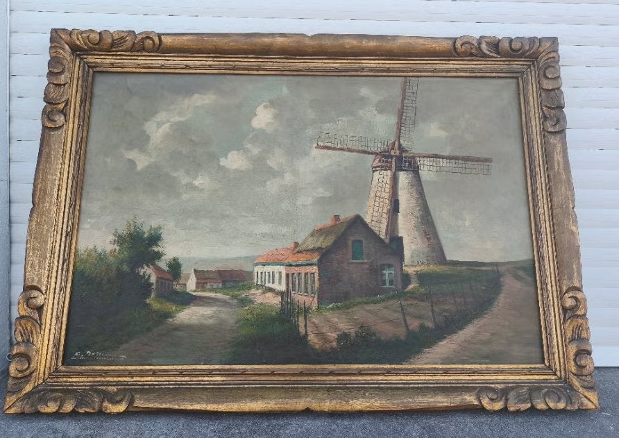 Huile sur toile paysage au moulin signe, Antiquités & Art, Art | Peinture | Classique, Enlèvement, Paysage, Toile