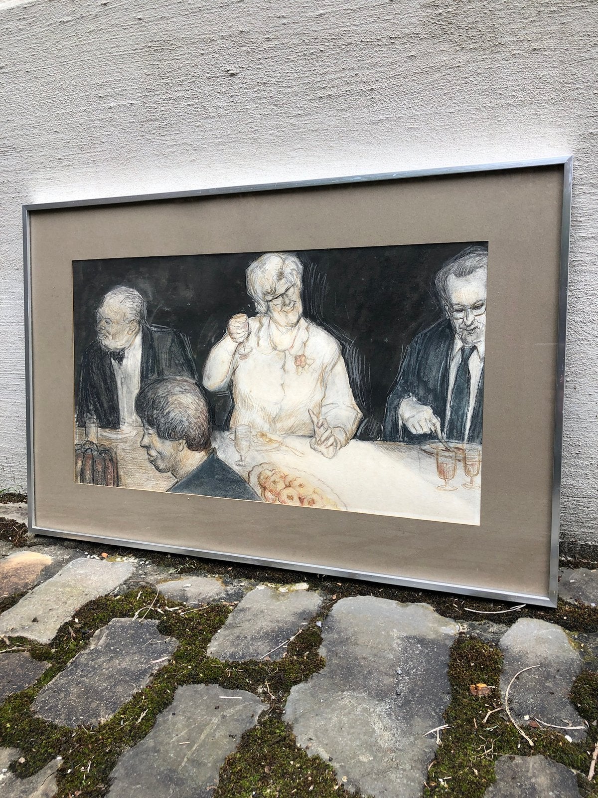 Dessin en couleur d'une table de fête (45 cm x 70 cm), Portrait ou Personnes, Enlèvement, Dessin, Encadré