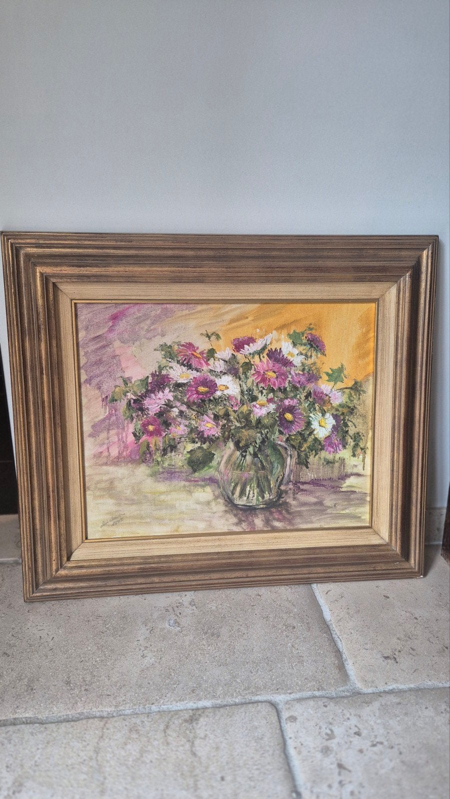 peinture florale colorée 70x60 cm, Enlèvement, Signé, Fleurs, Toile
