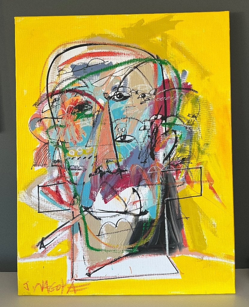 Jim Nagoya-Le Fumeur de Maïs- Acrylique sur lin+Certificat, Enlèvement ou Envoi, Sur cadre en bois