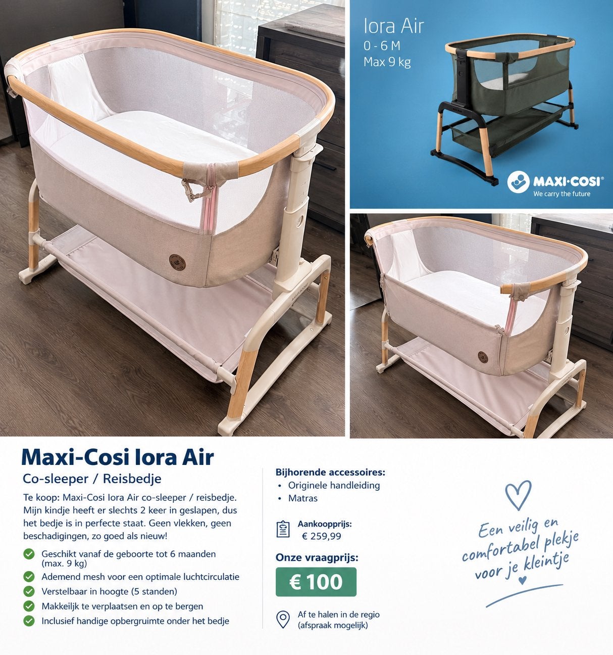 Co-sleeper/ reisbedje, Kinderen en Baby's, Ophalen, Zo goed als nieuw, Reisbedje