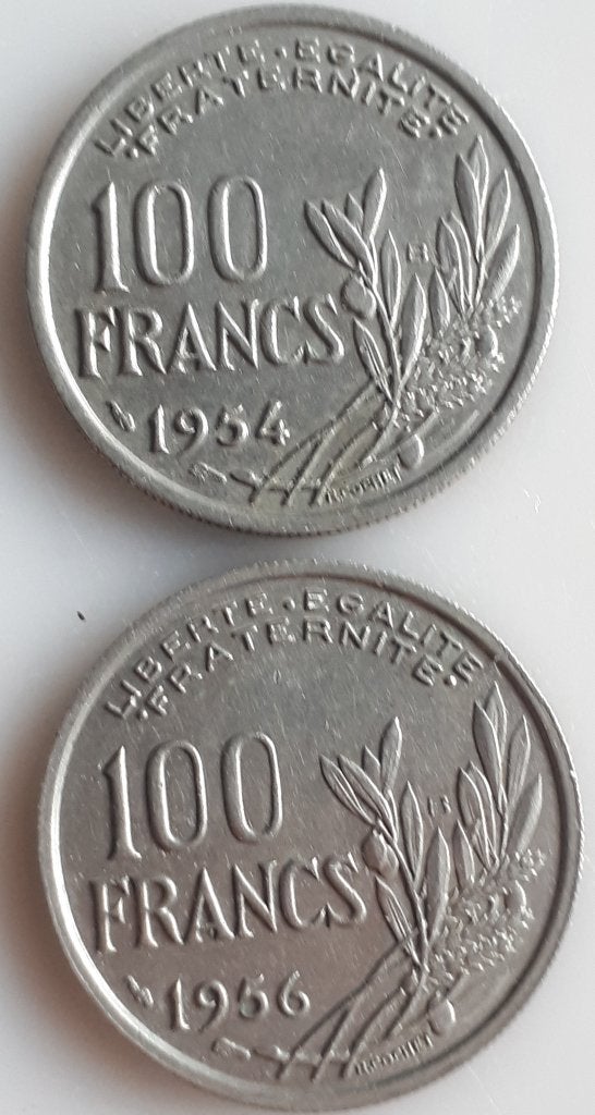 FRANCE ; 2 x 100 FRANCS COCHET 1954 B+1956 B KM 919.2 UNC, Ophalen of Verzenden, Frankrijk, Setje