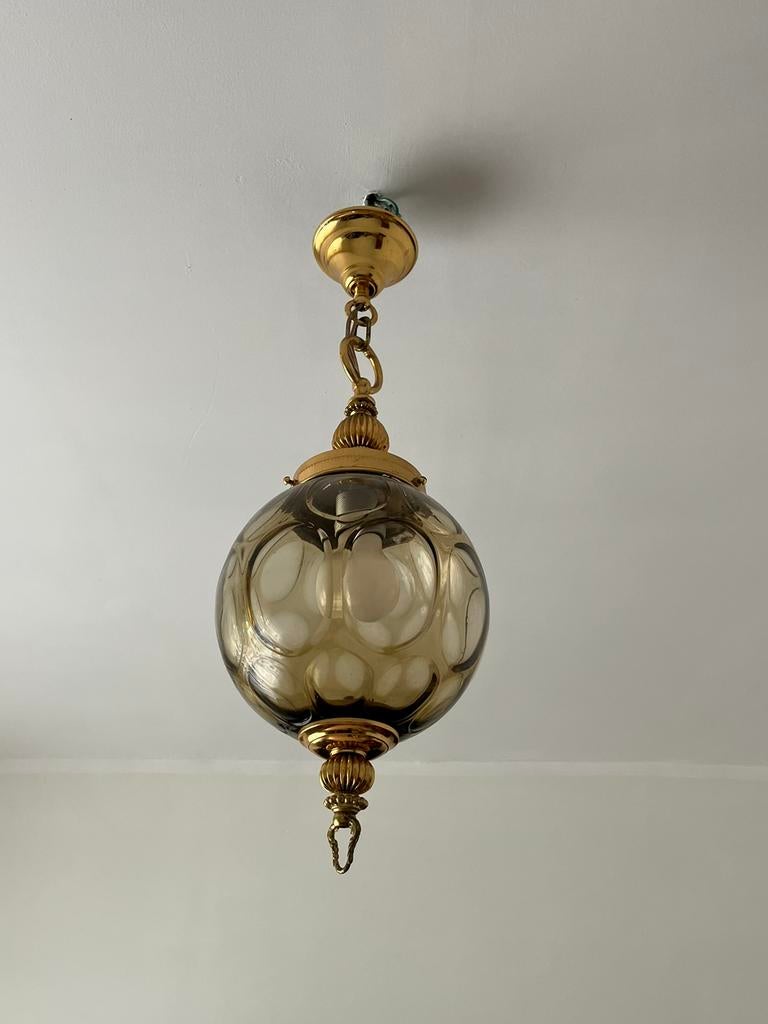 Suspension vintage verre fumé & doré, Enlèvement, Comme neuf, Verre