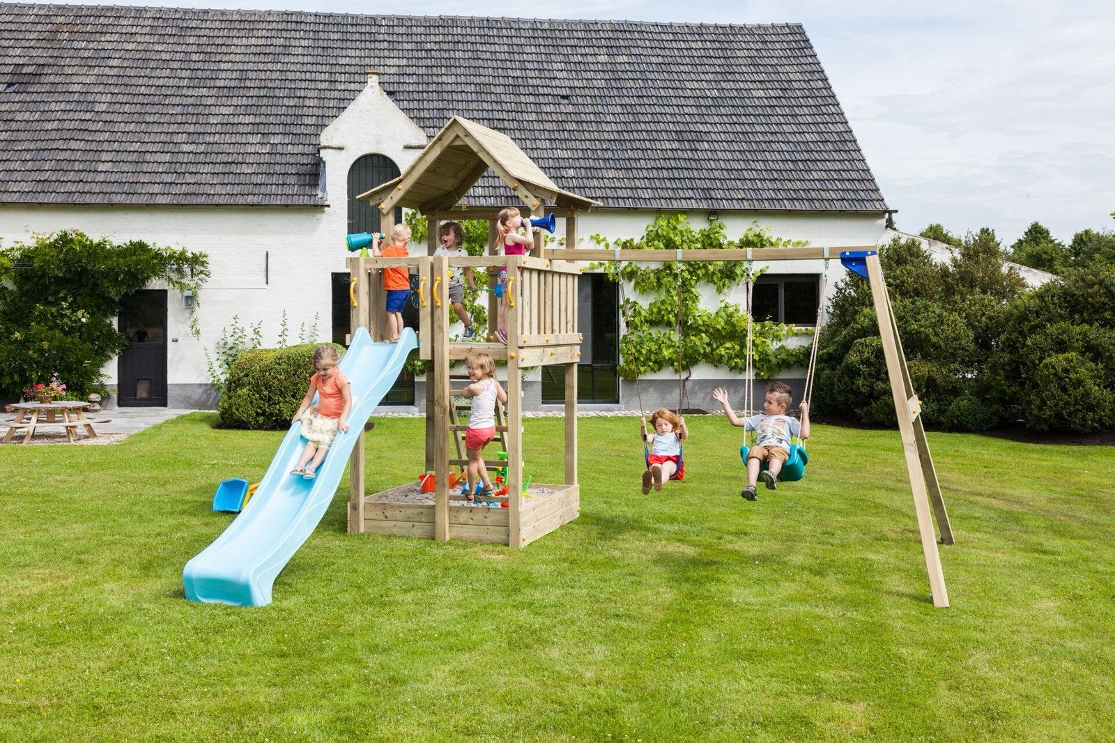Aire de jeux pagode avec toboggan et extension de balançoire, Enlèvement ou Envoi, Neuf, Bois