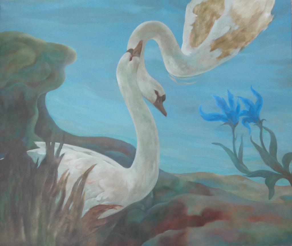 ONBEKEND / KOPPEL ZWANEN / OLIEVERF DOEK / 110x130cm CHASSIS, Antiquités & Art, Art | Peinture | Moderne, Enlèvement