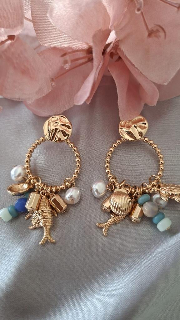 Boho luxe oorbellen met parels en schelpen, Overige materialen, Verzenden, Nieuw, Knopjes of Stekers