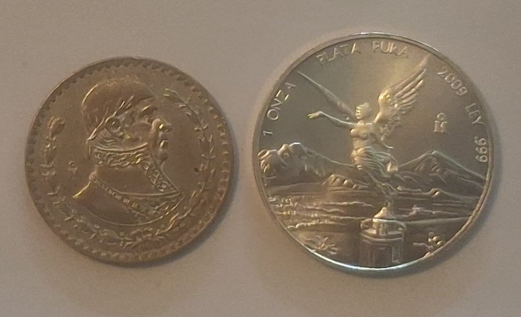 1 oz zilveren libertad 2009 + 1 mex peso 1951, Verzenden, Zilver