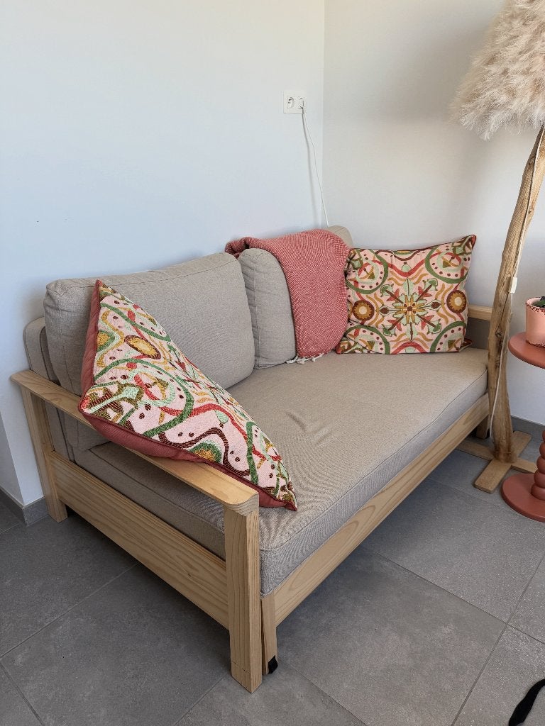 2-zits slaapbank, Naggen beige/grenen, Ophalen, Hout, 150 tot 200 cm, Tweepersoons