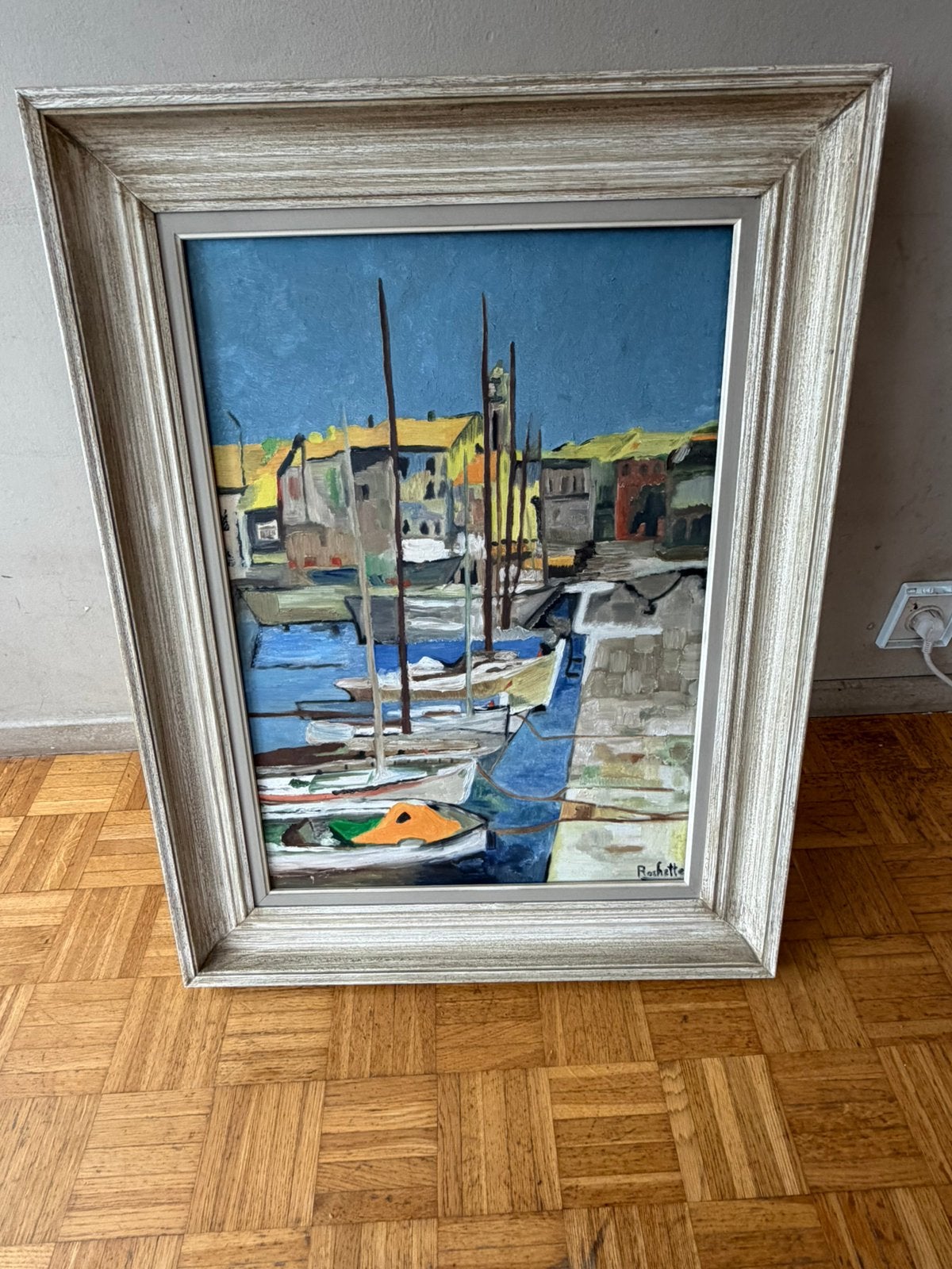 Vintage Olieverfschilderij – Zeehaven met Boten, Antiek en Kunst, Ophalen of Verzenden, Vintage, Doek